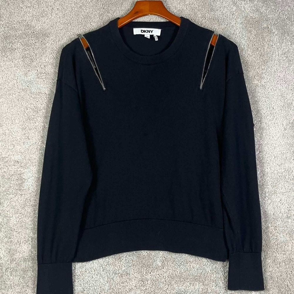 DKNY Sweater Women Size M Black Zipper Shoulder Detail Crew Neck Donna Karan